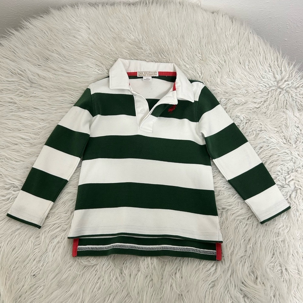 The Beaufort Bonnet Company Long Sleeve Rollins Rugby Shirt Green Stripe Size 3T